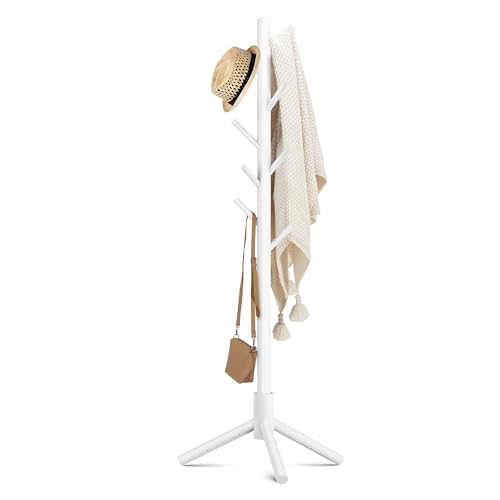Haddockway Wooden Coat Rack Stand with 8 Hooks New Zealand Pine 3 Adjustable Coat Standing Tree Easy Assembly for Coats, Hats, Scarves and Handbags for Entryway, Hallway, Bedroom, Office, white - color: White, size: 1 PC