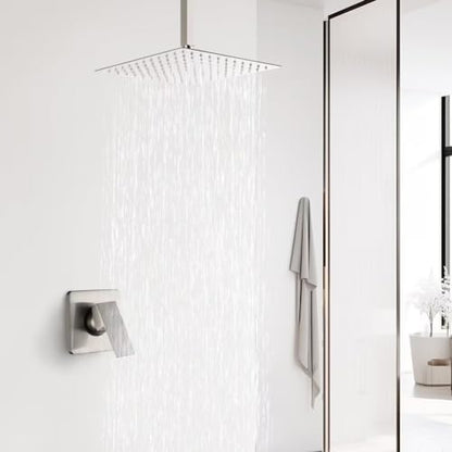 Ceiling Mount Shower Faucet Set Brushed Nickel Bathroom 10 Inch Rainfall Mixer Shower Head System Single Handle Shower Trim Kit with Rough-in Valve - color: Brushed Nickel, size: 10 Inch (Ceiling Mount)
