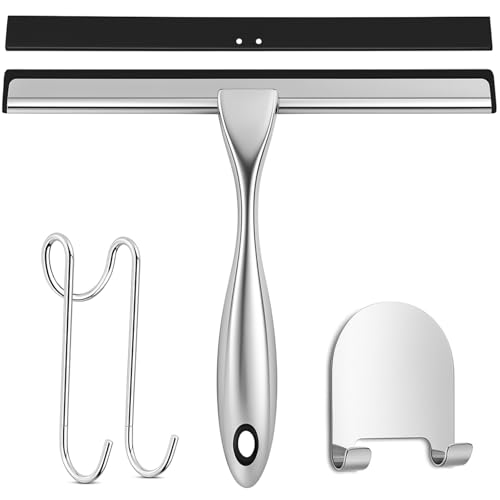 Shower Squeegee, 10 Inch Squeegee Shower Stainless Steel Window Squeegee for Glass Door Shower with Holder