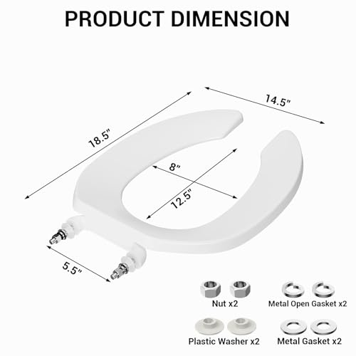 Elongated Open-Front Toilet Seat, Commercial Heavy Duty Seat Without Cover, Never Loosen Design to Reduce Call-Backs, 18.5 Inch White Public Toilet Lid for Office, Church, Hospital - color: White, Open-Front, size: Elongated (19″)