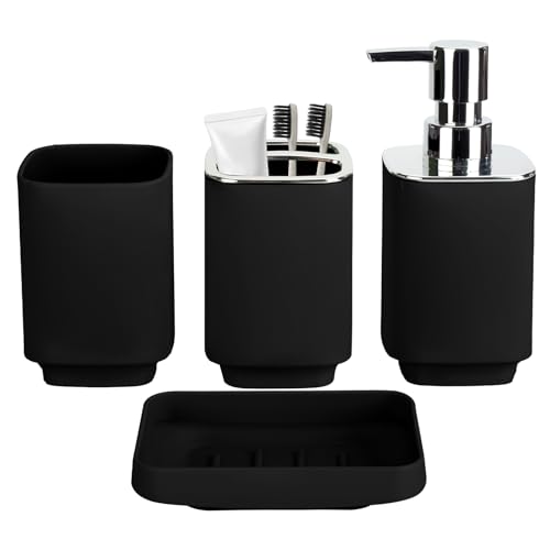 4Pcs Black Bathroom Set, Square Boho Soap & Toothbrush Holder Set | Thick shatterproof ABS, electroplated rust-proof pump, drip-free, multi-slot holder, dustproof lids, easy-clean - color: Black, size: 4PCS