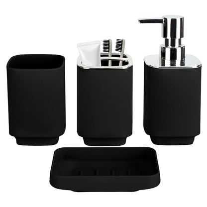 4Pcs Black Bathroom Set, Square Boho Soap & Toothbrush Holder Set | Thick shatterproof ABS, electroplated rust-proof pump, drip-free, multi-slot holder, dustproof lids, easy-clean - color: Black, size: 4PCS