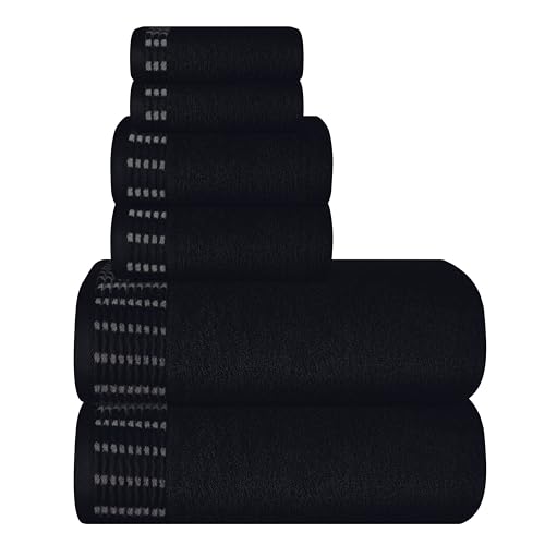 Ultra Soft 6 Pack Cotton Towel Set, Contains 2 Bath Towels 28x55 inch, 2 Hand Towels 16x24 inch & 2 Wash Cloths 12x12 inch, Ideal Everyday use, Compact & Lightweight - Black - color: Black, size: 6 Pack Set