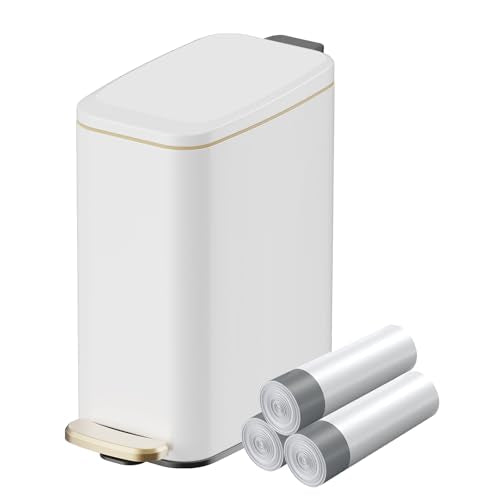 KUK Slim Bathroom Trash Can with Lid, 1.6 Gal / 6L Stainless Steel Small Garbage Bin with Detachable Inner Bucket, Step Pedal, Silent Close, Wastebasket for Toilet, Bedroom, Home, Office (White) - color: Matt White