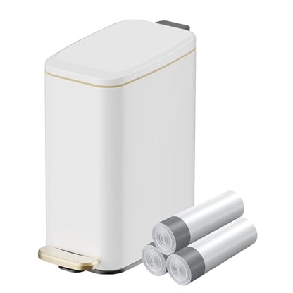 KUK Slim Bathroom Trash Can with Lid, 1.6 Gal / 6L Stainless Steel Small Garbage Bin with Detachable Inner Bucket, Step Pedal, Silent Close, Wastebasket for Toilet, Bedroom, Home, Office (White) - color: Matt White