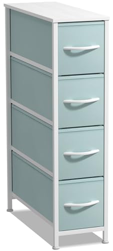 Sorbus Kids Narrow Dresser with 4 Drawers - Vertical Slim Storage Chest of Drawers with Steel Frame, Wood Top & Easy Pull Fabric Bins for Small Spaces, Closets, Bedroom, Bathroom & Laundry - color: Pastel Aqua, style: 4 Drawer