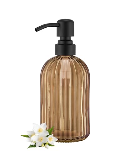 16 OZ Amber Glass Soap Dispenser, Amber Stripe Bathroom Hand Soap Dispensers with Stainless Steel Matte Black Pump,Brown Glass Kitchen Hand Soap Dispenser with Matte Black Pump - color: Matte Black +Amber, size: 1-Pack