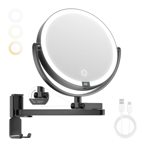 Brightown 8" Wall Mounted Makeup Mirror with Lights & Magnification 1X/10X | 4000mAh Rechargeable Dimmable Vanity Mirror, Extended Arm 360° Rotation, 3 Color Lights & Smart LED Digital Display, Black - color: Black