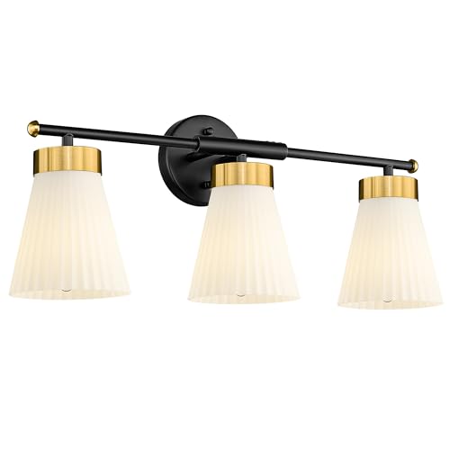 Bathroom Vanity Light, HWH 3-Light Wall Light Fixture for Bathroom Bedroom, Black and Gold Vanity Lights with Frosted Milk White Striped Glass, 5HZG97B-3W BK+BG - color: Black and Gold, size: 3-Light