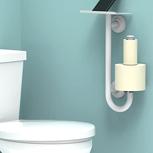 3-in-1 Stainless Steel Double Toilet Paper Holder with Heavy Duty Grab Bar and Top Shelf for Wet Wipes, Napkins, Phone, Pad. (White, Left-Hand) - color: White, size: Left-Hand