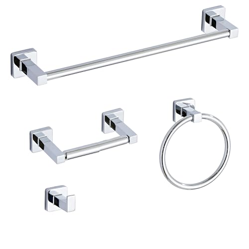 Chrome Bathroom Hardware Set 4 Pieces,Towel Bar Set Stainless Steel Wall Mounted, Includes 16In Hand Towel Bar, Towel Ring, Robe Towel Hooks,Toilet Paper Holder, Bathroom Towel Rack Set - color: Chrome, size: 16Inch