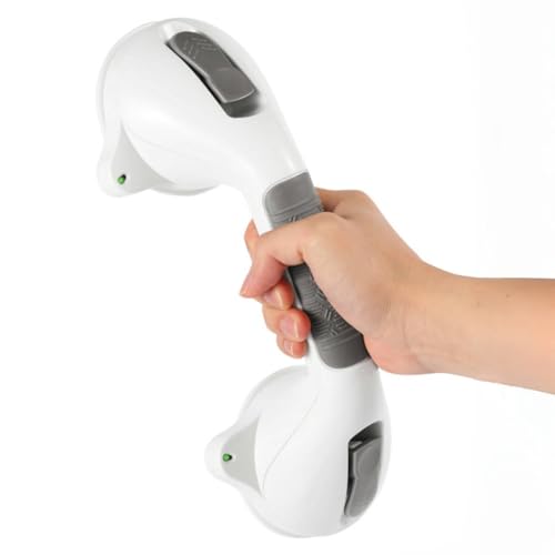 Suction Grab Bar with Safety Indicator for Bathtub Shower Bathroom, Heavy Duty Handrail Removable Reusable for Elderly Disabled and Kids, Anti-Slip Grip, No Drilling Tool Free, Waterproof Grey - size: 12'' 1 Pack
