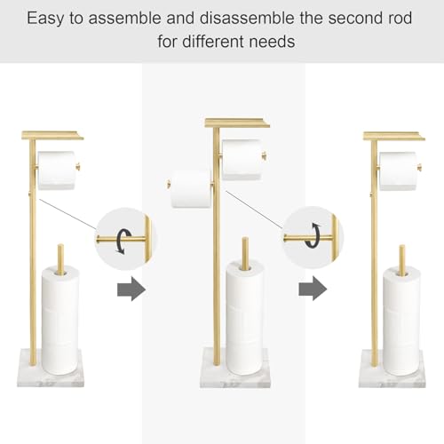 GZILA Brushed Gold Toilet Paper Stand Holder with Shelf, Marble Design Base Free Standing Toilet Paper Roll Holder with 2 Dispenser SUS 304 Stainless Steel Reserve, Storage 5 Rolls - color: Brushed Gold - 2 Dispensers