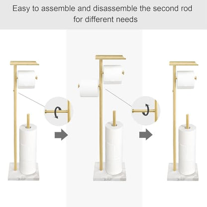 GZILA Brushed Gold Toilet Paper Stand Holder with Shelf, Marble Design Base Free Standing Toilet Paper Roll Holder with 2 Dispenser SUS 304 Stainless Steel Reserve, Storage 5 Rolls - color: Brushed Gold - 2 Dispensers