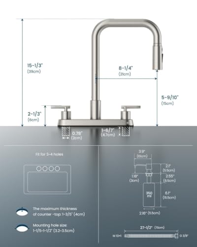 APPASO 4 Hole Kitchen Faucet Brushed Nickel for 3 or 4 Hole Standard Sinks | 2 Handle Kitchen Faucets with 3-Mode Pull Down Sprayer and Soap Dispenser, Square Spout Dual Handle Faucet Stainless Steel - color: 2-Brushed Nickel