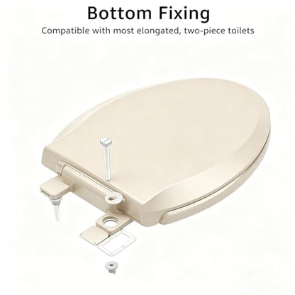 Toilet Seat Elongated Almond, 18.5 x 14.2 Inch, Slow Close, Bottom-Mount Design, Fits 2-Piece Toilets, Durable & Easy to Install, PP Material Safe and Durable - color: Almond, size: Elongated 18.5inch