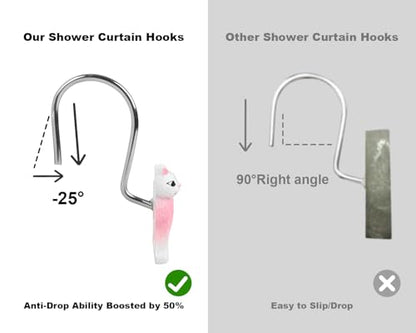 Pink Cat Shower Curtain Hooks Set of 12, Hand-Painted Resin Cat Shower Hooks with Rust-Resistant Metal Rings, Cute Bathroom Accessories - color: Pink