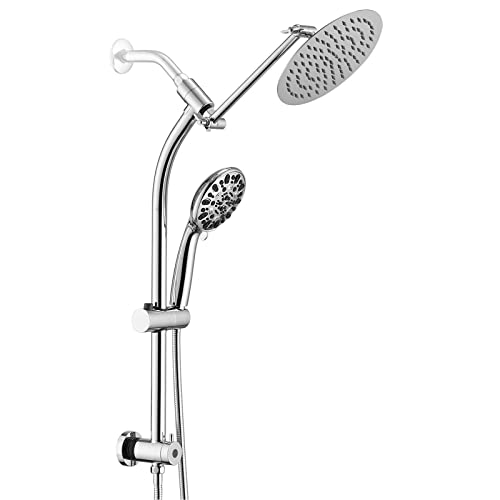 Rainfall 8 Inch Round Shower Head with High Pressure Handheld Spray Combo, Drill-Free Slide Bar with Adjustable Shower Extension Arm, 3-Way Low Diverter for Easy Reach, 5Ft Hose- Chrome - color: Chrome