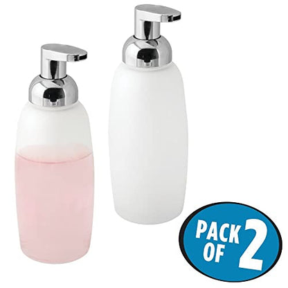 mDesign Refillable Glass Foaming Hand Soap Dispenser - Foam Soap Pump Bottle Container for Bathroom Counter Top - Decorative Foam Soap Dispenser - Malloy Collection - 2 Pack - Clear Frost/Chrome