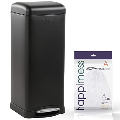 happimess Betty 8 Gal Step Trash Can Soft-Close Lid, Charcoal Black | Fingerprint Resistant, Removable Liner, Semi-Rectangular, Steel Pedal, Iron Powder Coated, 27" Height, Non-Skid Base - color: Black