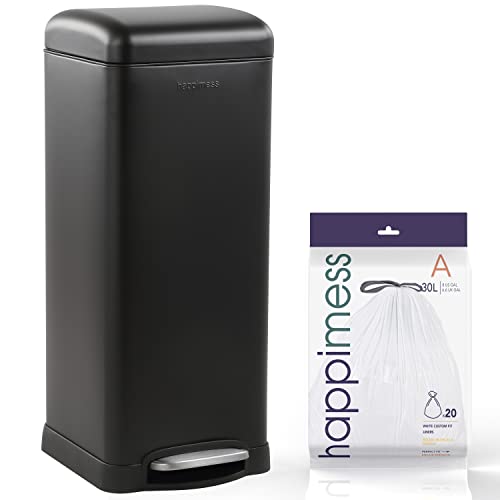 happimess Betty 8 Gal Step Trash Can Soft-Close Lid, Charcoal Black | Fingerprint Resistant, Removable Liner, Semi-Rectangular, Steel Pedal, Iron Powder Coated, 27" Height, Non-Skid Base - color: Black