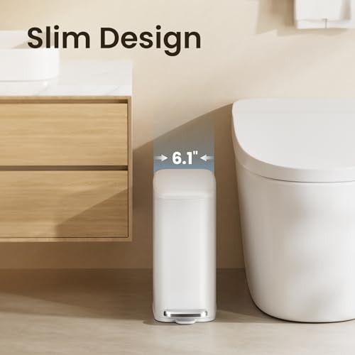 Cesun Slim Bathroom Trash Can with Lid, Soft Close, White, 6L/1.6 Gallon | Hidden Trash Bag Design, Small, Stainless Steel, Removable Inner Bucket, Foot Pedal, Odor Control, for RV/Office/Bedroom - color: White