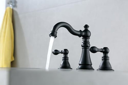 Matte Black 2-Handle 8 Inch Widespread Bathroom Faucet, 3 Holes | Derengge Traditional Widespread Sink Faucet, With Pop-Up Drain 360° Swivel Stainless Steel Spout,F-8805P-MT - color: Matte Black