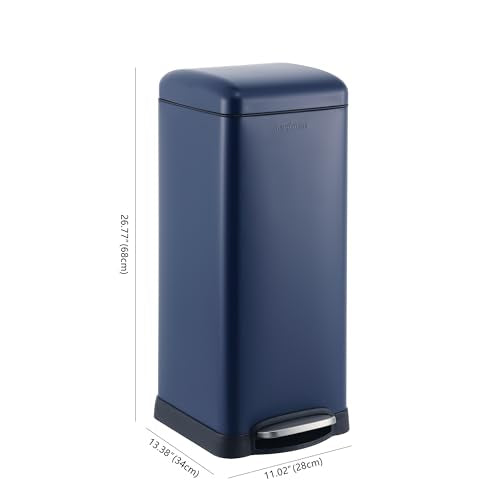 happimess Betty 8 Gal Step Trash Can Soft-Close Lid, Denim Blue | Removable Liner, Semi-Rectangular, Steel Pedal, Iron Powder Coated, 27" Height, Non-Skid Base - color: Denim Blue