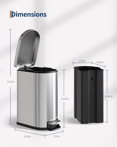 Garvee 2.6 gal / 10 L Stainless Steel Bathroom Trash Can with Lid, Slim Waterproof Garbage Can for Bedroom, Small Step-on Metal Trash Bin with Inner Bucket, Rear Handle, Soft Close Lid, Silver - color: Silver, size: 2.6 Gallons