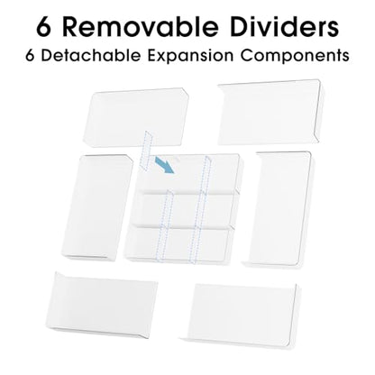 Expandable Makeup Drawer Organizer, Clear Silverware Drawer Organizer Tray. | Width (10.6"-20.1") Depth (11"-20.1") Height1.9", with 6 Removable Dividers, Great for Cosmetic,Utensils,Stationery,Office