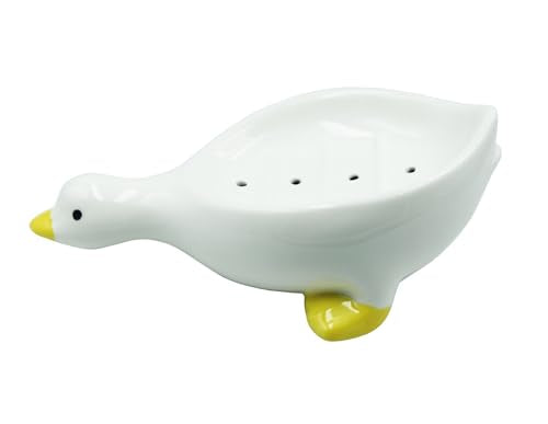 Duck Ceramic Soap Dish with Drain, 7.87 Inch Cute Duck Shaped Soap Tray, Sponge Holder, for Shower,Bathroom,Bar,Kitchen - color: Duck Soap Dish