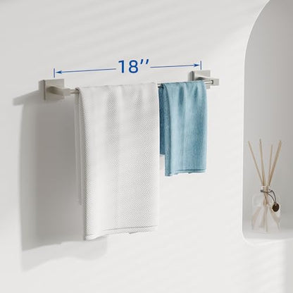 RUACQ Towel Bar 18" Towel Racks for Bathroom Wall Mounted, Brushed Nickel | One-Piece Bath Towel Holder, Total Length 20 Inch Single Towel Rod, 304 Stainless Steel Rustproof, Square Base, Heavy Duty - color: Brushed Nickel, size: 18 inch(Center to Center)