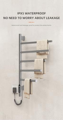 Electric Heated Towel Rack, 5-Bar Rotating Design, Wall-Mounted, Black, Touch Panel Control with Timer, Hardwired or Plug-in 110V (Grey)