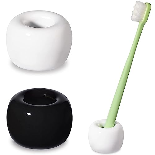 Mini Ceramics Toothbrush Holder Stand for Bathroom Vanity Countertop, Handmade Couple Toothbrush Head Holder, Shaver Holder and Office Pen Holder, Black&White, Pack of 2 - color: Black&white