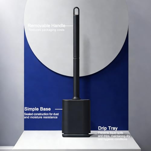 Silicone Toilet Brush and Holder Set, Flexible Toilet Bowl Brush Head with Silicone, Long Handle, Wall Mounted with Removable Anti-Leakage Base, Soft Bristles for Bathroom Deep Cleaning (Black) - color: Black