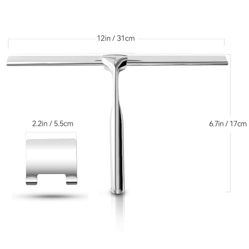 Shower Squeegees Stainless Steel with Self Adhesive Hook Window Squeegees for Shower Doors Bathroom Mirror Wiper, Window Glass Cleaning - size: 12 Inches