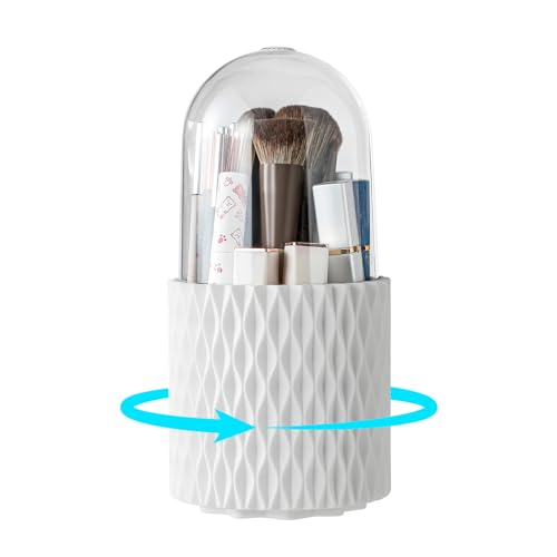 Makeup Brush Holder with Lid, 360° Rotating Dustproof Cover | Dustproof clear cover keeps brushes clean — 5 slots, spinning countertop caddy for vanity, bathroom & dorm - style: Simple