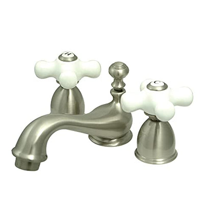 Kingston Brass KS3958PX Restoration Mini Widespread Lavatory Faucet with Porcelain Cross Handle, Satin Nickel, 4-Inch Adjustable Center - color: Brushed Nickel