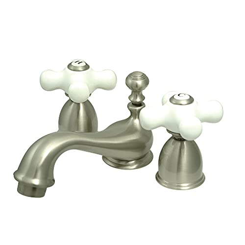 Kingston Brass KS3958PX Restoration Mini Widespread Lavatory Faucet with Porcelain Cross Handle, Satin Nickel, 4-Inch Adjustable Center - color: Brushed Nickel