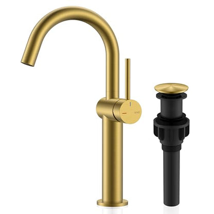 Brushed Gold Tall Bathroom Faucet, Single Handle Vessel Sink Faucet | Vessel Bowl Faucet with Pop Up Drain & Supply Lines, Lead-Free cUPC & NSF Certified, 1 Hole Faucet for Vanity RV Restroom - color: Brushed Gold, size: Tall