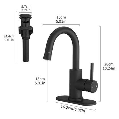 Black Bathroom Sink Faucet with Pull Out Sprayer for 1 Hole,Bar Sink with Pop-Up Drain,Single Handle Small Kitchen Faucet with 4 in Deck Plate,360°Swivel Faucet for Farmhouse Vanity - color: Black, style: Pull out-R