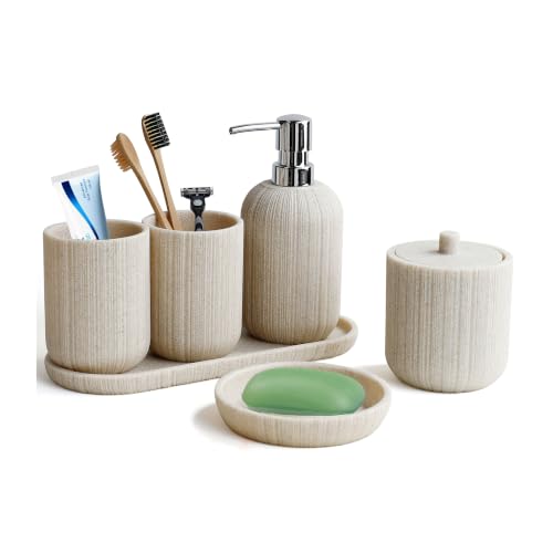 Bathroom Accessories Set, 6-Piece Resin Bathroom Organizer,Toothbrush/Toothpaste Holder, Tumbler, Soap Dispenser, Vanity Tray, Soap Dish, Cotton Ball Jars, Bathroom Decor for Home, Hotel - color: Beige,silver