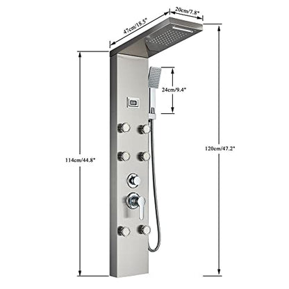 Rainfall and Waterfall Shower Panel Tower with Massage Body Jets Mixer