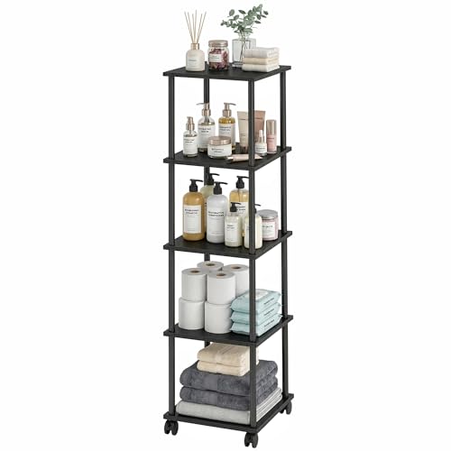 5-Tier 50.4" Tall Black Bathroom Shelving Unit with Wheels | Wood Finish, Metal Frame, Rolling Narrow Open Shelf Design, for Laundry Room, Kitchen, Living Spaces, Easy to Move - color: Black, size: 5-Tier