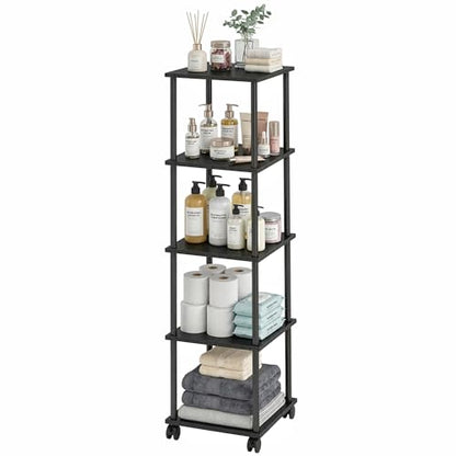 5-Tier 50.4" Tall Black Bathroom Shelving Unit with Wheels | Wood Finish, Metal Frame, Rolling Narrow Open Shelf Design, for Laundry Room, Kitchen, Living Spaces, Easy to Move - color: Black, size: 5-Tier