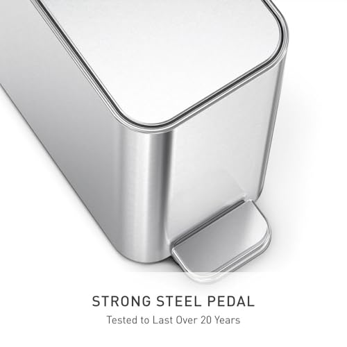 simplehuman Slim Step Can, 5L / 1.3 Gallon Compact Bathroom Trash Can, Liner Pocket®, Sleek Internal Hinge, 150,000-Step All-Steel Pedal, Lid Shox® Silent Close, Brushed Stainless Steel - color: Brushed, size: 5L