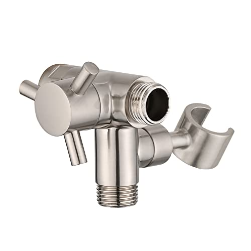 PDPBath Solid Brass 3 Way Shower Arm Diverter Valve with Handheld Holder for Dual Shower Heads with G1/2 Universal Connection - Brushed Nickel - color: Brushed Nickel-2