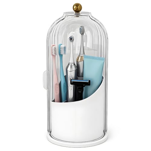 JEESA Dustproof Toothbrush Holder with Cover, Transparent/White | 360° Rotating, 180° Sliding Lid, 3 Slots, Toothbrush Organizer, for Bathroom Countertop - color: Transparent/White