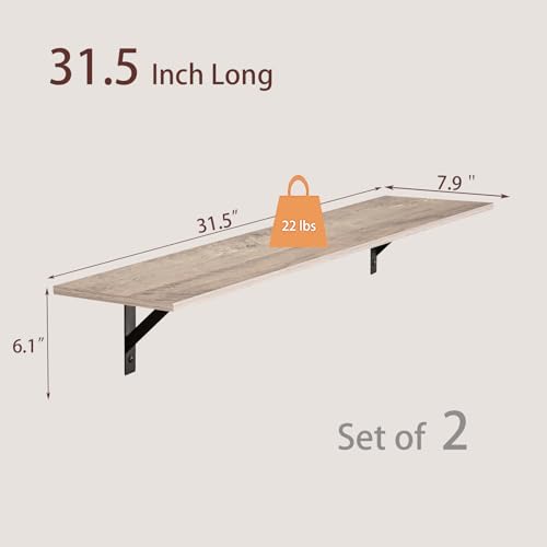 Long Wall Shelves, 31.5" Wall Mounted Shelves with Metal Brackets | Floating Book Shelf, Set of 2, Easy Assembly, Max Load 22lbs, Wood Wall Storage Ledges, Living Room/Bathroom/Bedroom, Greige - color: Greige, size: 31.5 Inch