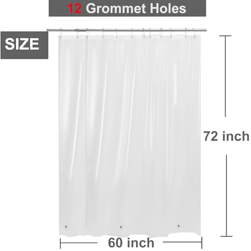 12 Hole 60x72 Shower Curtain Liner with Magnets, Clear | Side Magnet Clips Close to Wall, Heavy Duty Clear Shower Liner with 12 Grommet Holes, 60 x 72 Inches - color: 8g.heavy-clear, size: 60"W x 72"L (Pack of 1)